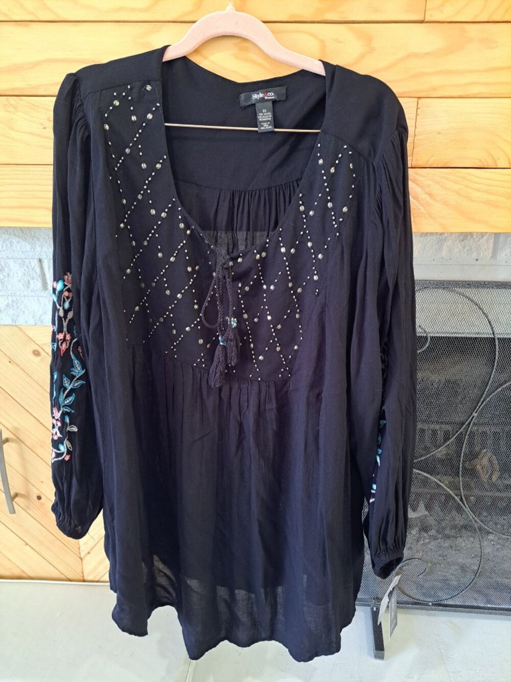 NEW 3XL Black Embroidered Peasant Top Beaded Tassel Tie Neckline Womens Plus - Picture 2 of 13